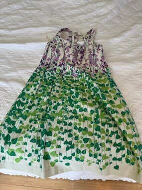Anthropologie Green and Purple Botanical Midi Dress